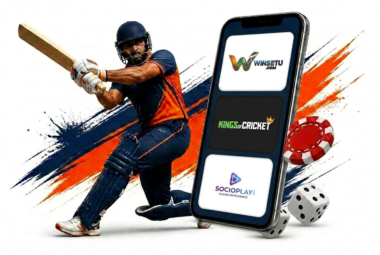 Cricket player, smartphone with gaming brands, casino chip and dice